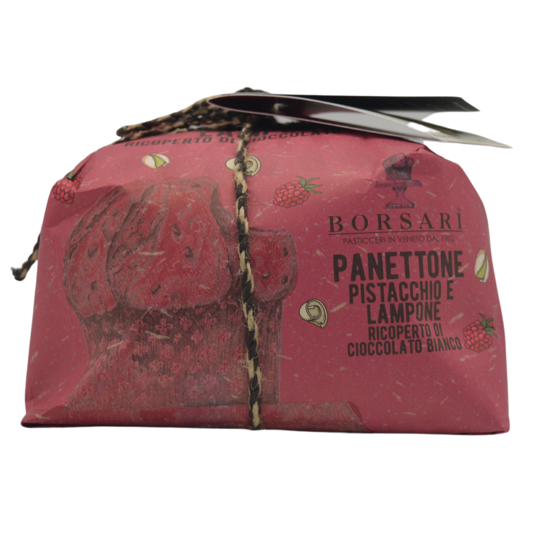 Borsari Hand wrapped panettone with Pistachio and Raspberries 750g