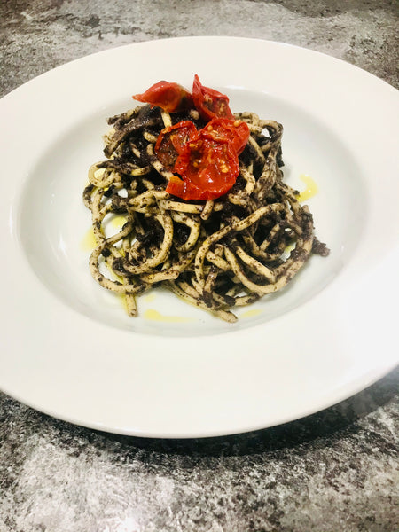 Spaghetti with Black Olive Tapenade and Sun Kissed Cherry Tomatoes