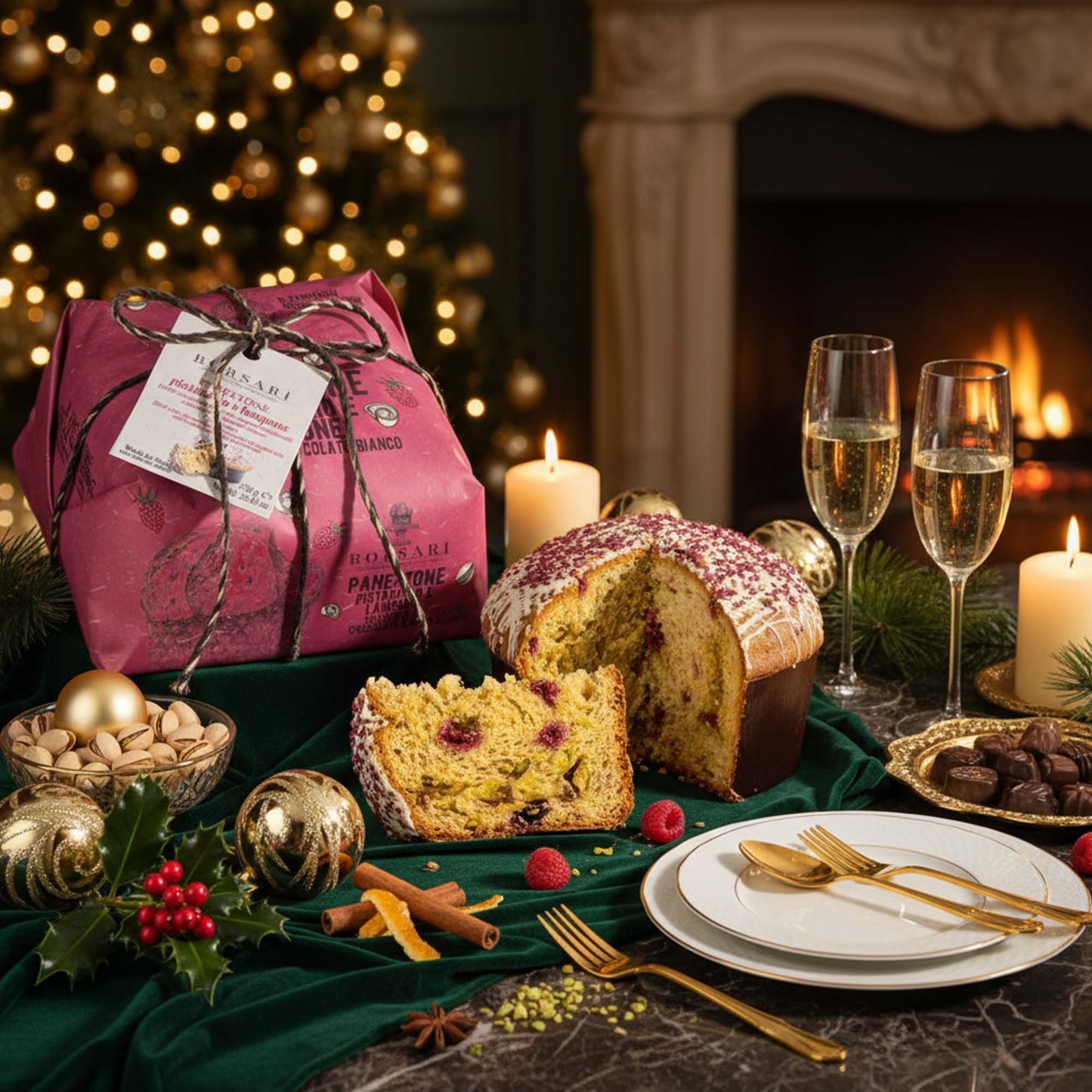 Borsari Hand wrapped panettone with Pistachio and Raspberries 750g