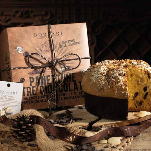 Panettone with Dark & Milk Chocolate Chips Covered with White Chocolate & Sugar Coated In Hazelnuts 750G