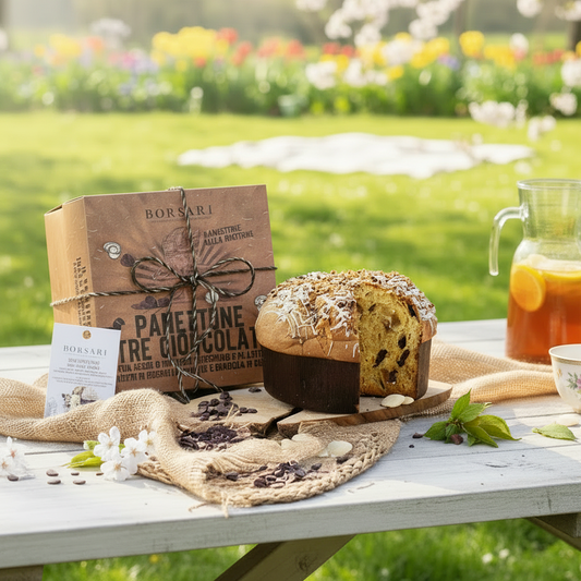 Panettone with Dark & Milk Chocolate Chips Covered with White Chocolate & Sugar Coated In Hazelnuts 750G
