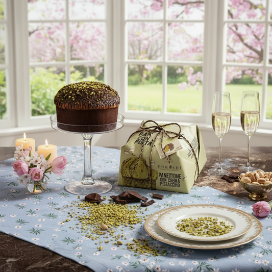 Borsari Pistachio Cream Panettone Covered in a Chocolate and Pistachio Crumbs Hand Wrapped 1kg