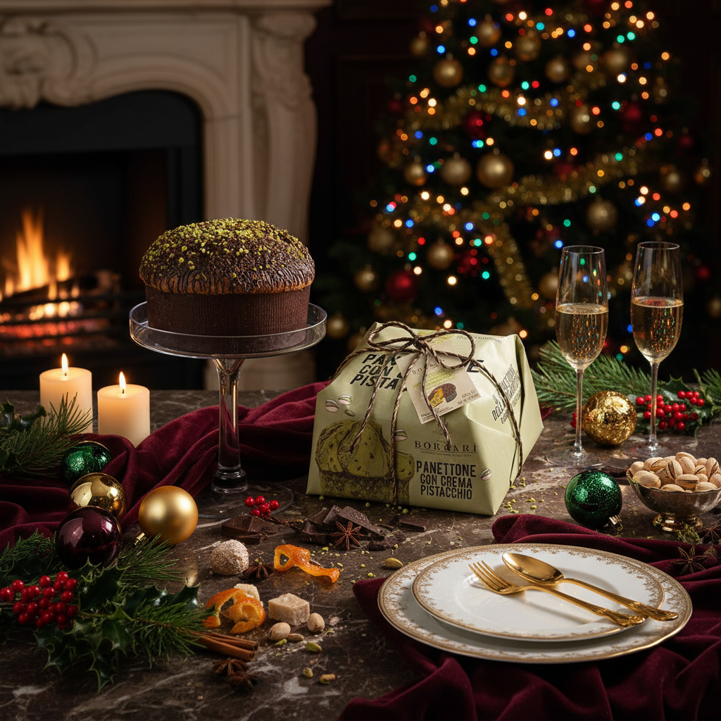 Borsari Pistachio Cream Panettone Covered in a Chocolate and Pistachio Crumbs Hand Wrapped 1kg