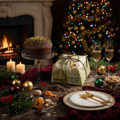 Borsari Pistachio Cream Panettone Covered in a Chocolate and Pistachio Crumbs Hand Wrapped 1kg