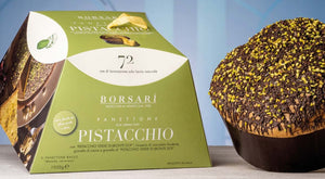 Traditional Boxed 1kg Panettone Filled with Pistachio Cream & Covered in Dark Chocolate & Pistachio Granules