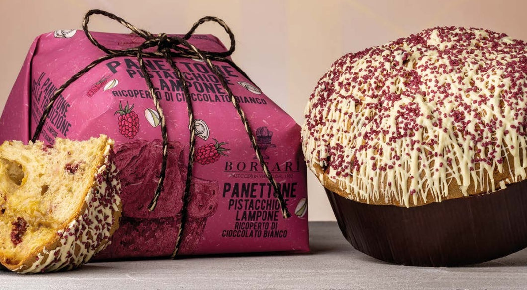 Pistachio and Raspberries Panettone Covered in White Chocolate & Freeze Dried Raspberries 1kg Hand Wrapped