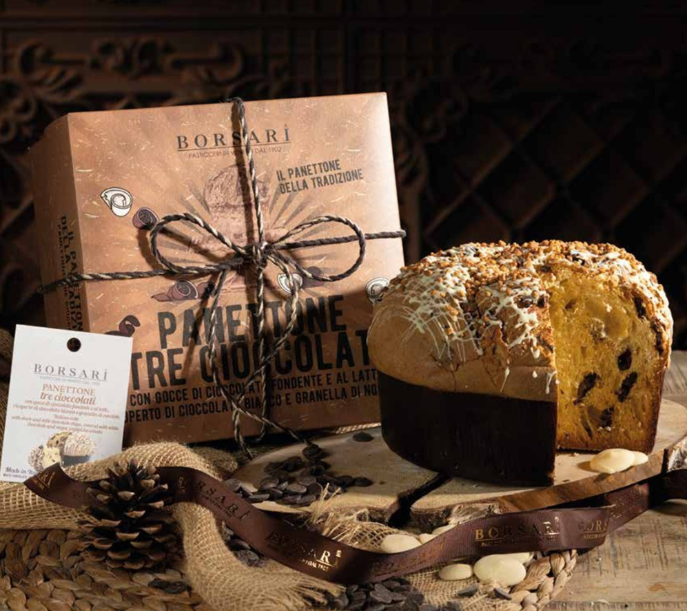 Panettone with Dark & Milk Chocolate Chips Covered with White Chocolate & Sugar Coated In Hazelnuts 750G