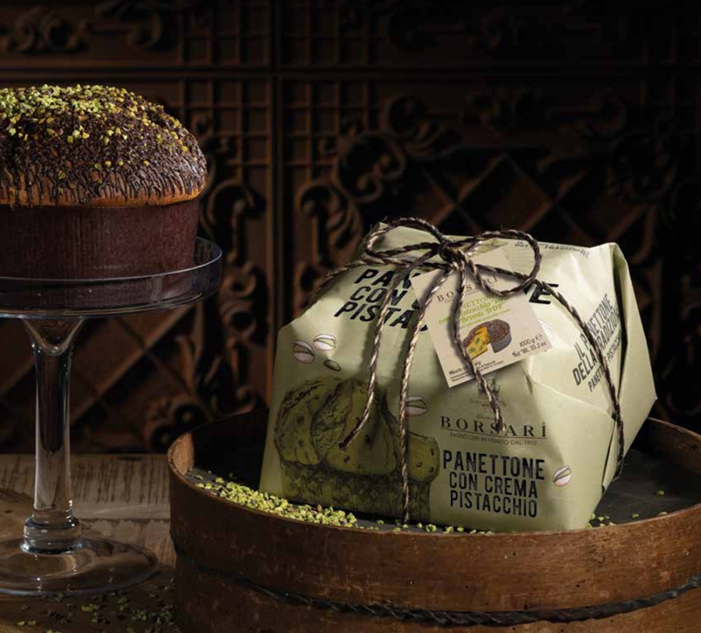 Borsari Pistachio Cream Panettone Covered in a Chocolate and Pistachio Crumbs Hand Wrapped 1kg